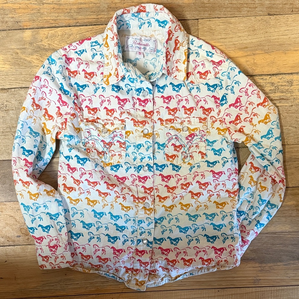 Panhandle Girls Horse Print Western Button Down Shirt Rodeo Cowgirl